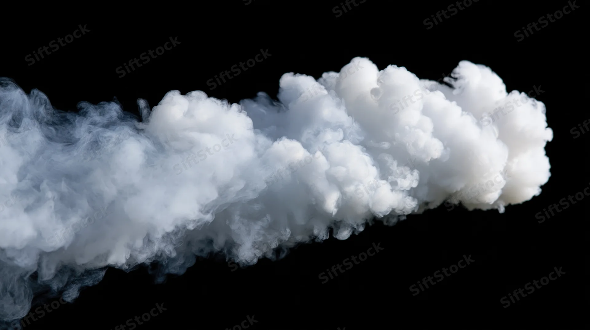 Dense horizontal plume of white smoke billowing and dispersing against black background