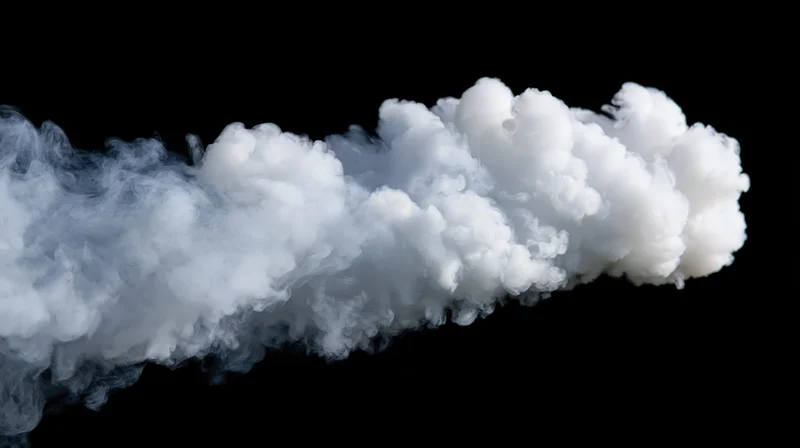 Dense horizontal plume of white smoke billowing and dispersing against black background