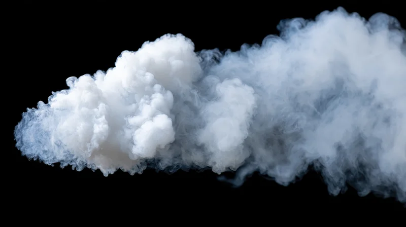 Dense horizontal plume of white smoke billowing and dispersing against black background