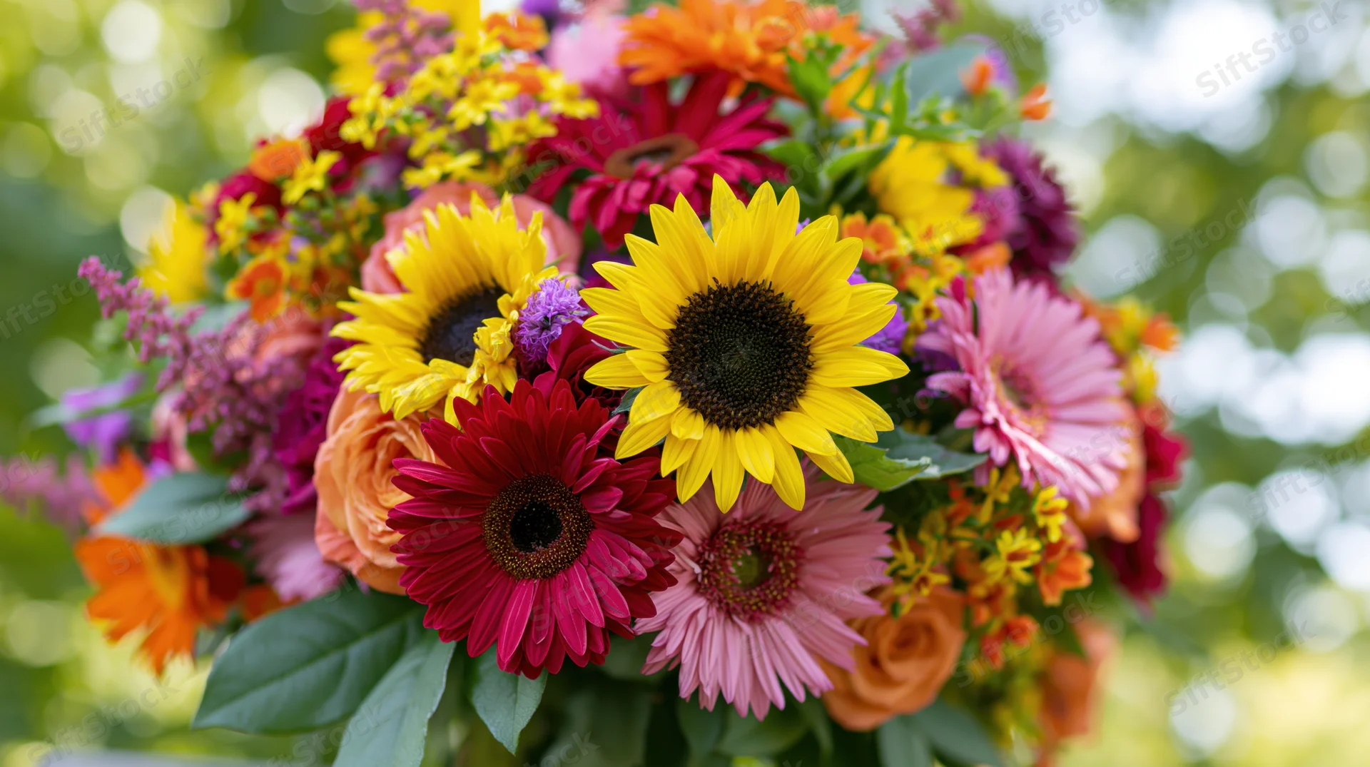 Dense mixed flower bouquet with sunflowers, gerberas, roses and asters arranged outdoors in daylight