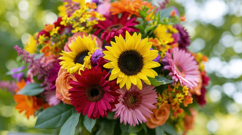 Dense mixed flower bouquet with sunflowers, gerberas, roses and asters arranged outdoors in daylight