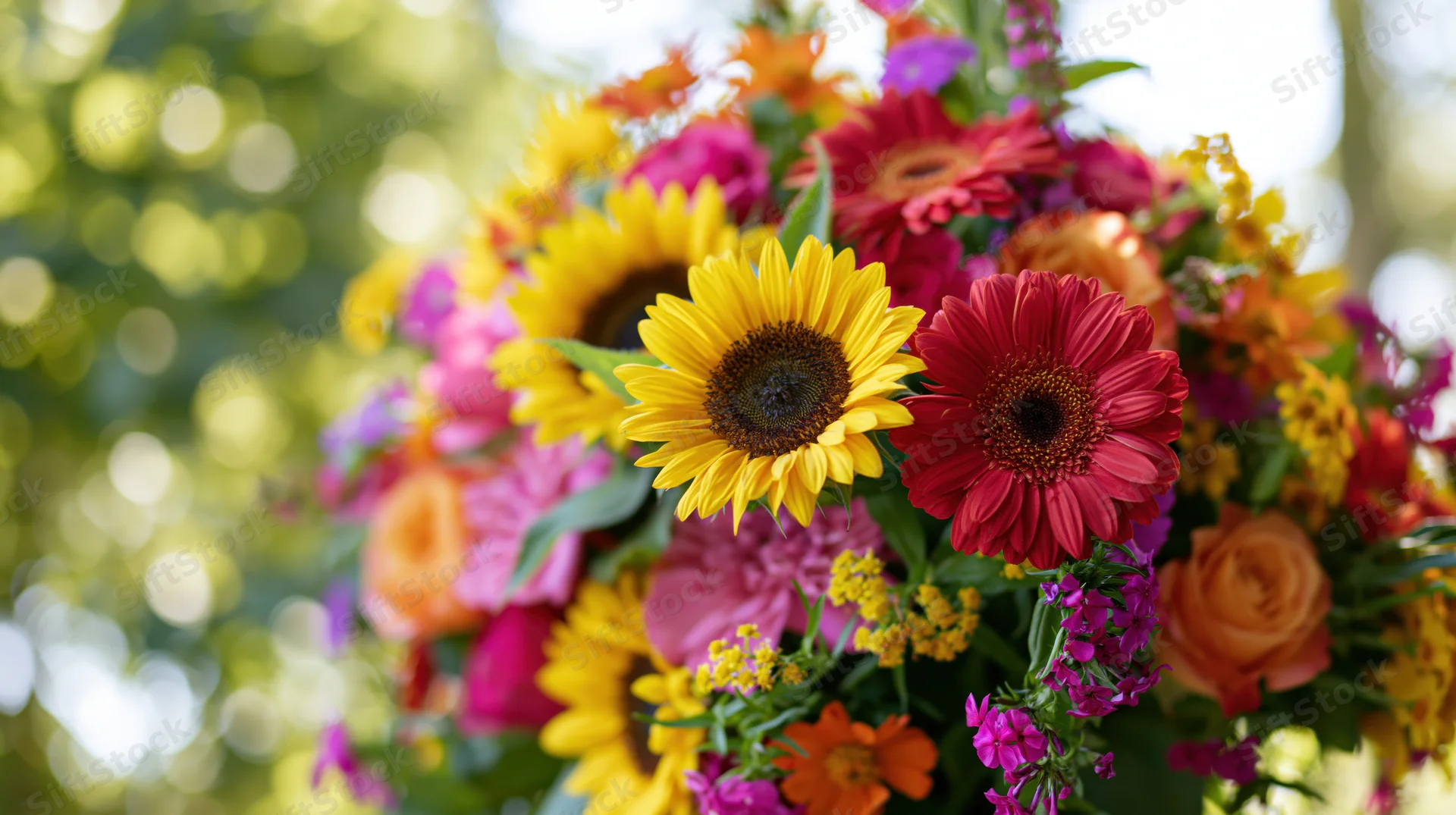 Dense mixed flower bouquet with sunflowers, gerberas, roses and alstroemerias arranged outdoors in bright sunlight