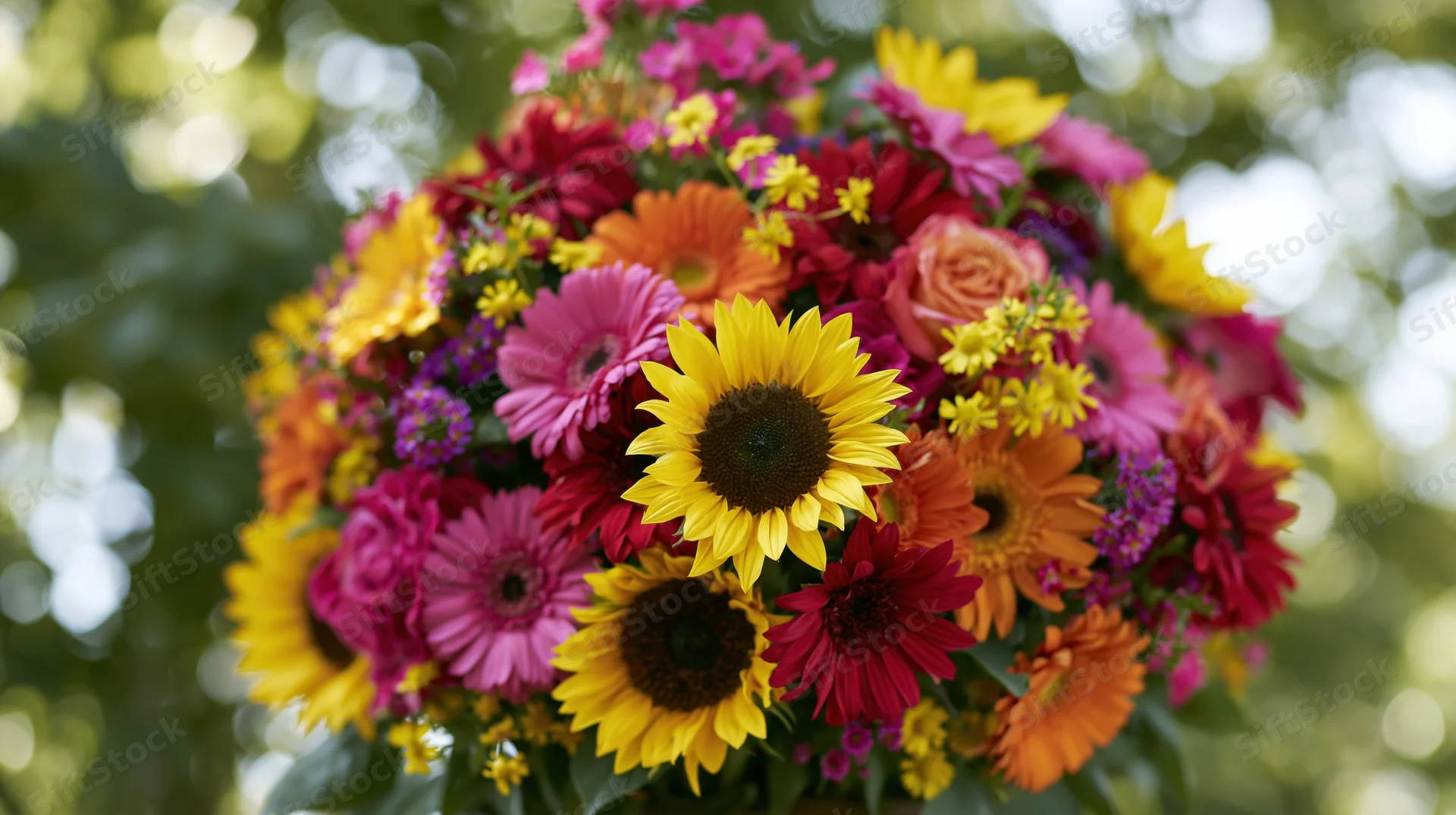 Dense mixed flower bouquet with sunflowers, gerberas, and roses arranged outdoors in natural light