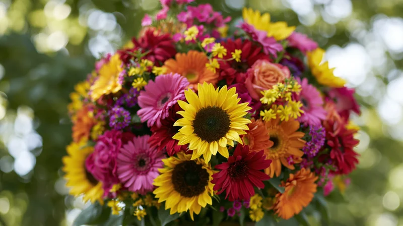 Dense mixed flower bouquet with sunflowers, gerberas, and roses arranged outdoors in natural light