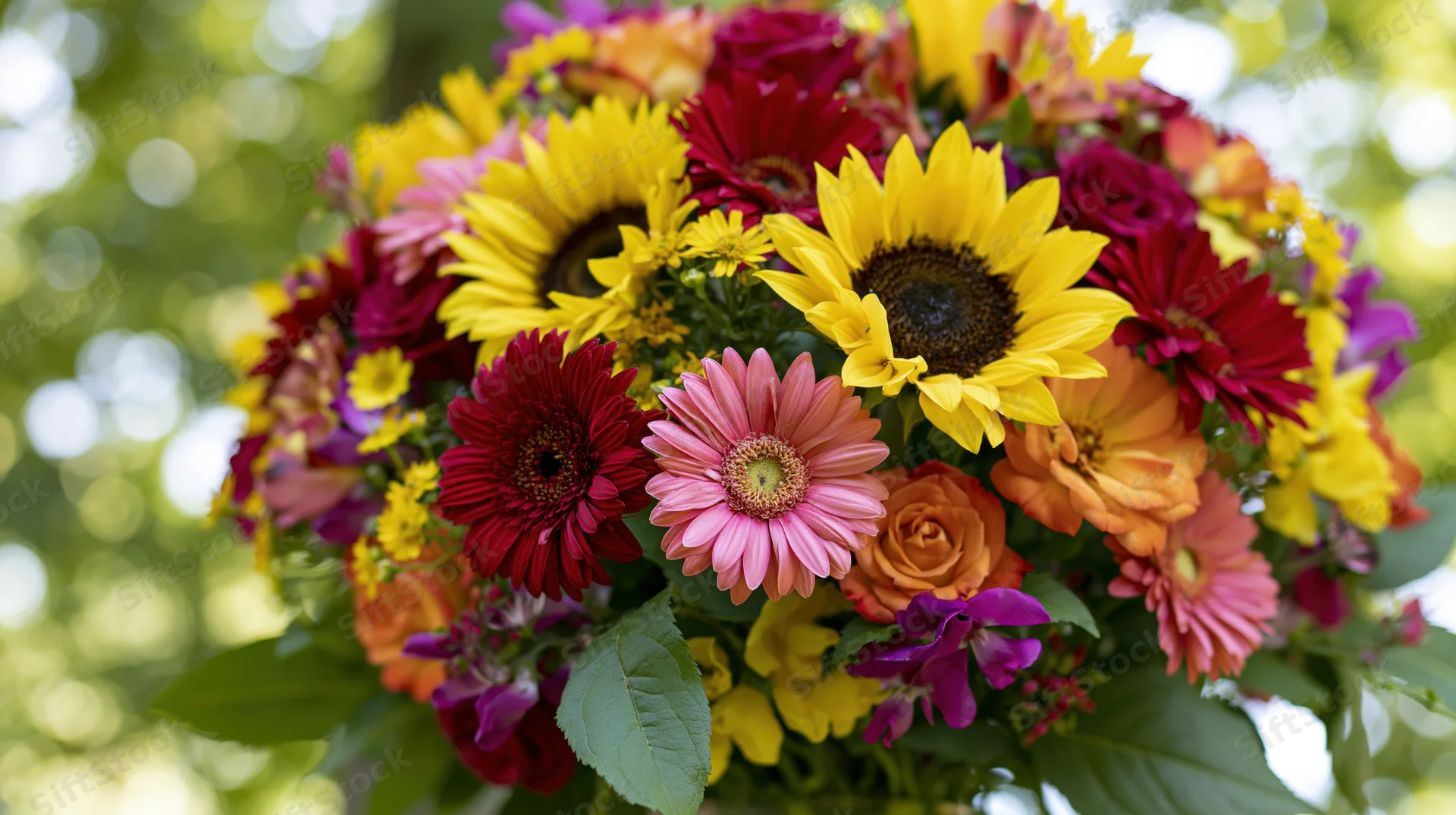 Dense mixed flower bouquet with sunflowers, gerberas, roses and foliage arranged outdoors in natural light