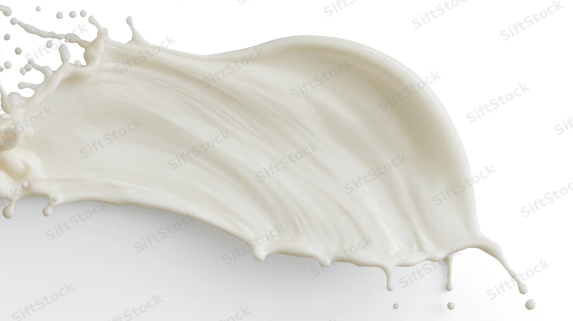Dynamic splash of white milk frozen mid-motion against white background