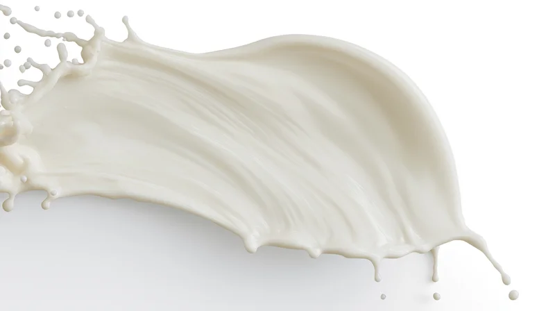 Dynamic splash of white milk frozen mid-motion against white background