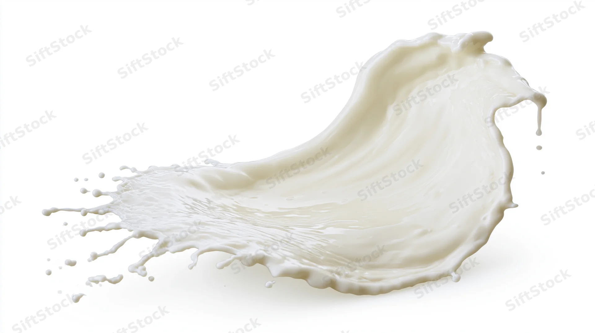 Dynamic swirling splash of white milk frozen mid-motion against white background