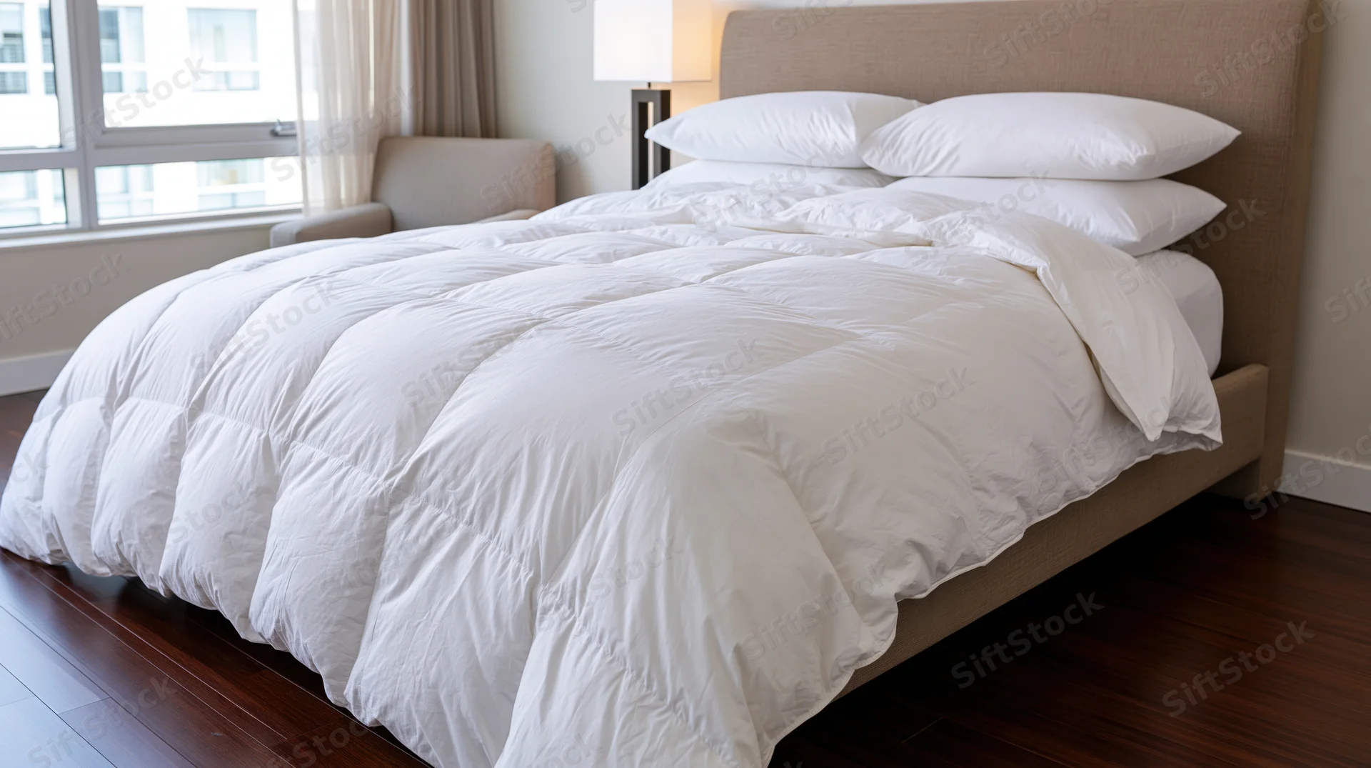 White quilted down comforter draped over bed in modern bedroom with window and armchair