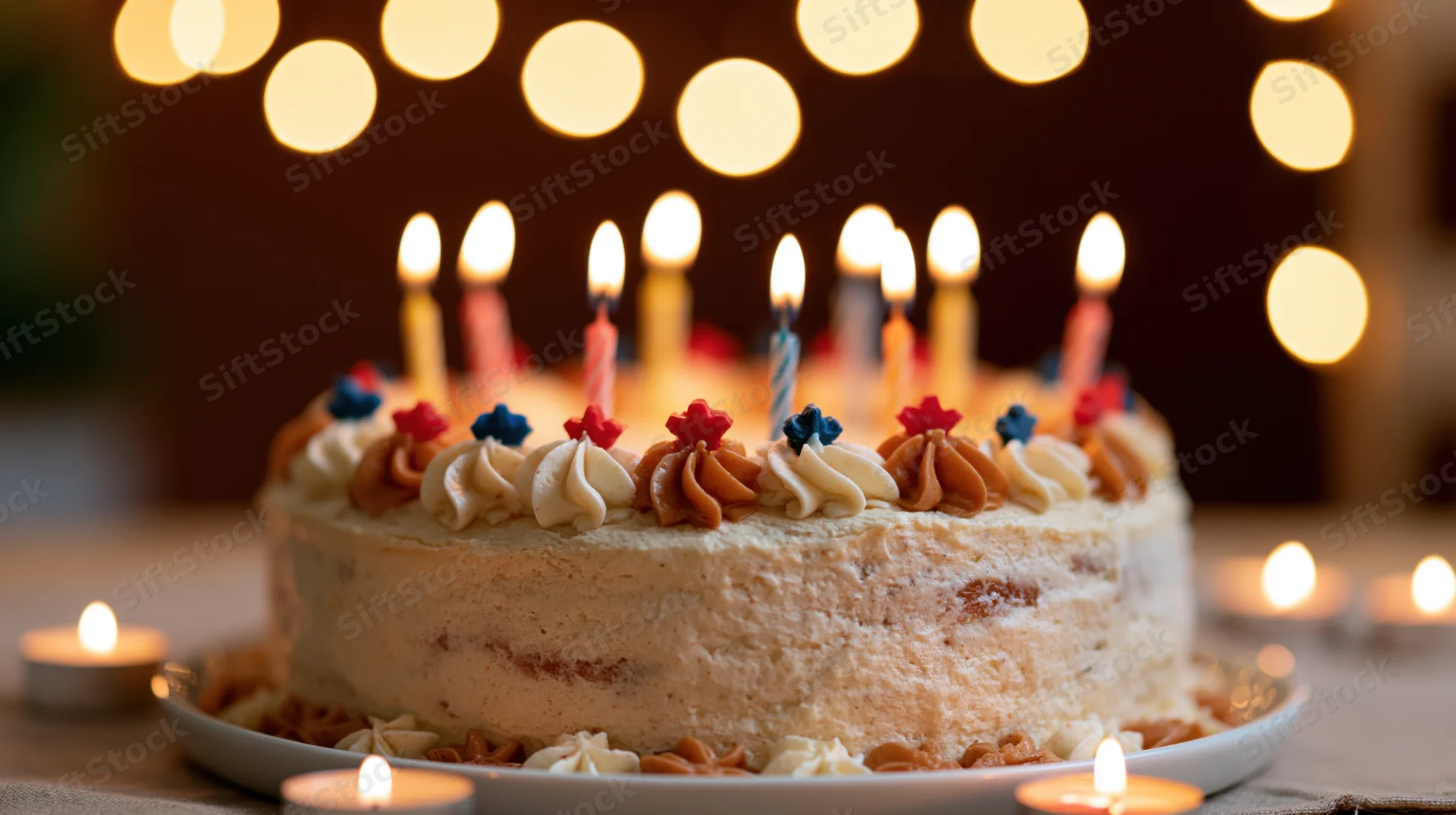 Frosted birthday cake with lit candles on a table, surrounded by small candles and warm bokeh lights