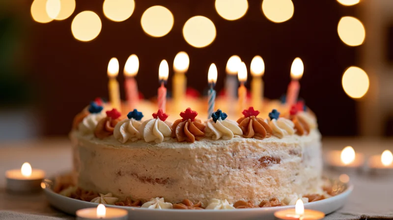 Frosted birthday cake with lit candles on a table, surrounded by small candles and warm bokeh lights