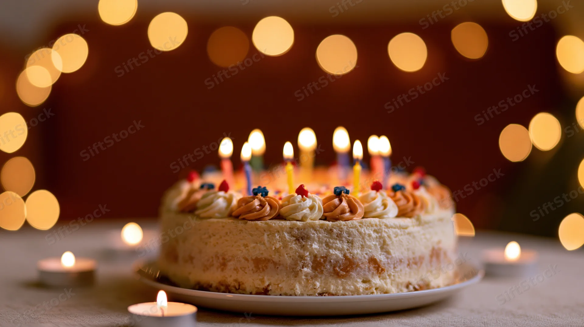 Frosted birthday cake with colorful candles topped with frosting