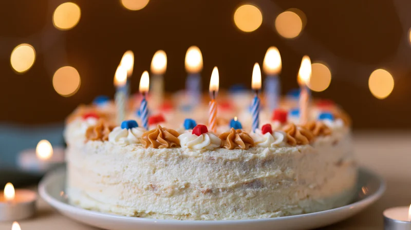 Frosted birthday cake with lit colorful candles on a plate, surrounded by warm bokeh lights and tea candles on a table
