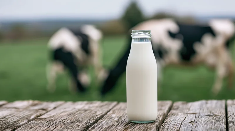 Glass milk bottle on weathered wooden table with cows grazing in pasture behind