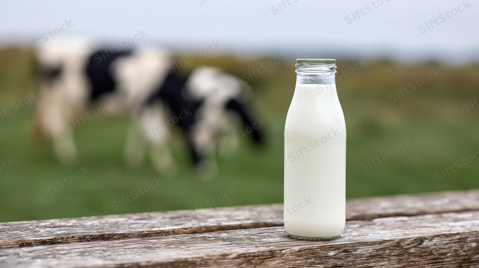 Glass milk bottle on weathered wooden plank with cow in blurred pasture background