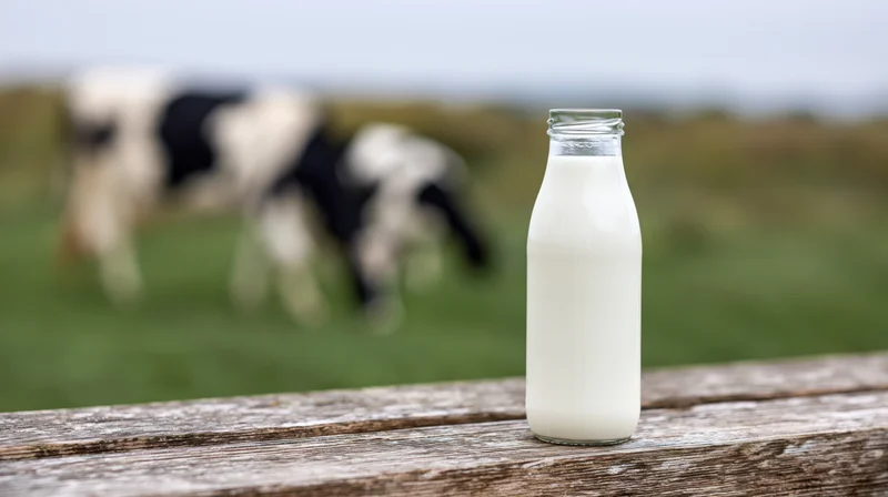 Glass milk bottle on weathered wooden plank with cow in blurred pasture background