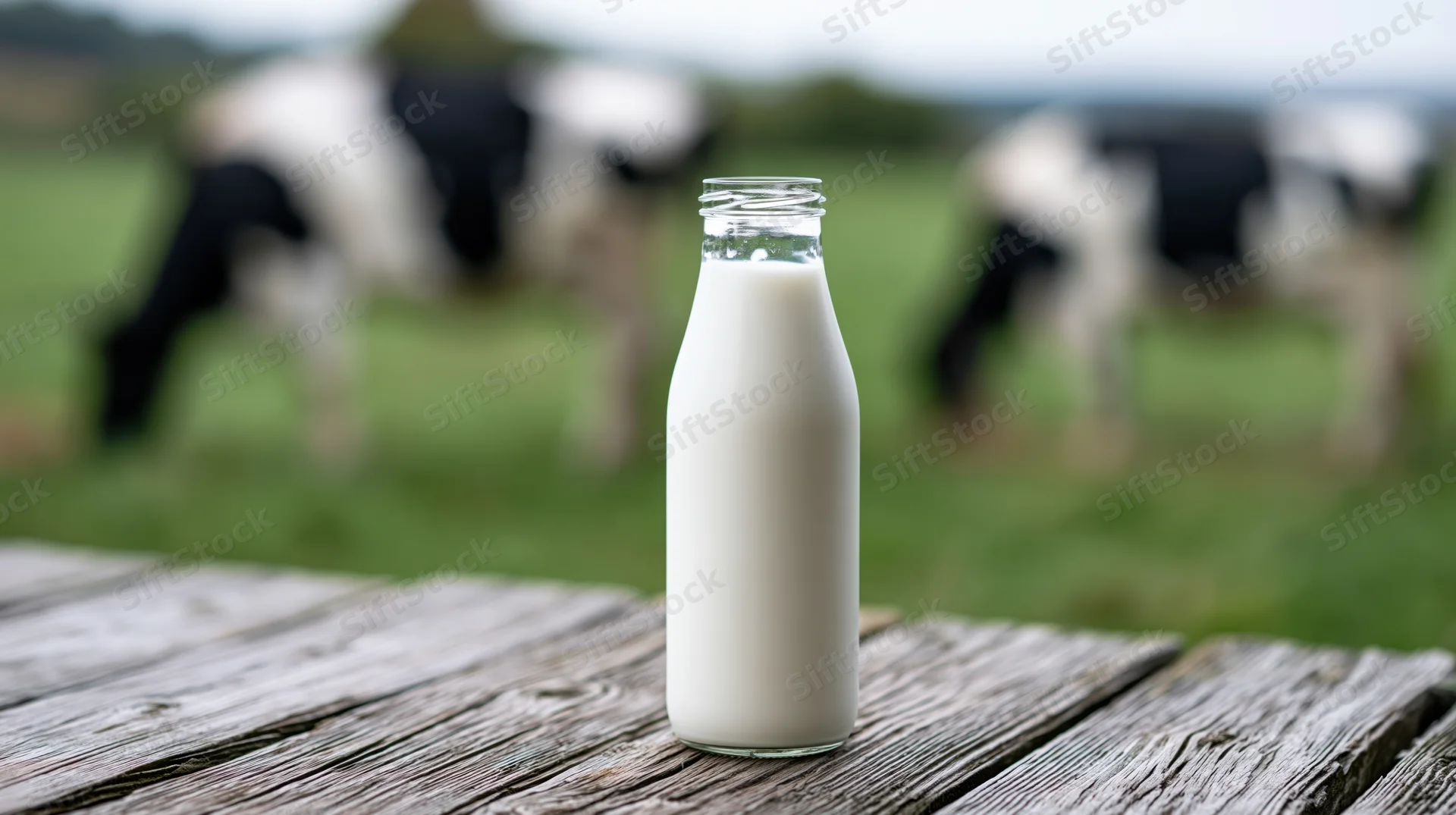 Glass milk bottle on weathered wooden table with cows grazing in pasture behind