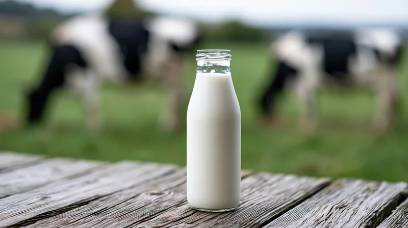 Glass milk bottle on weathered wooden table with cows grazing in pasture behind