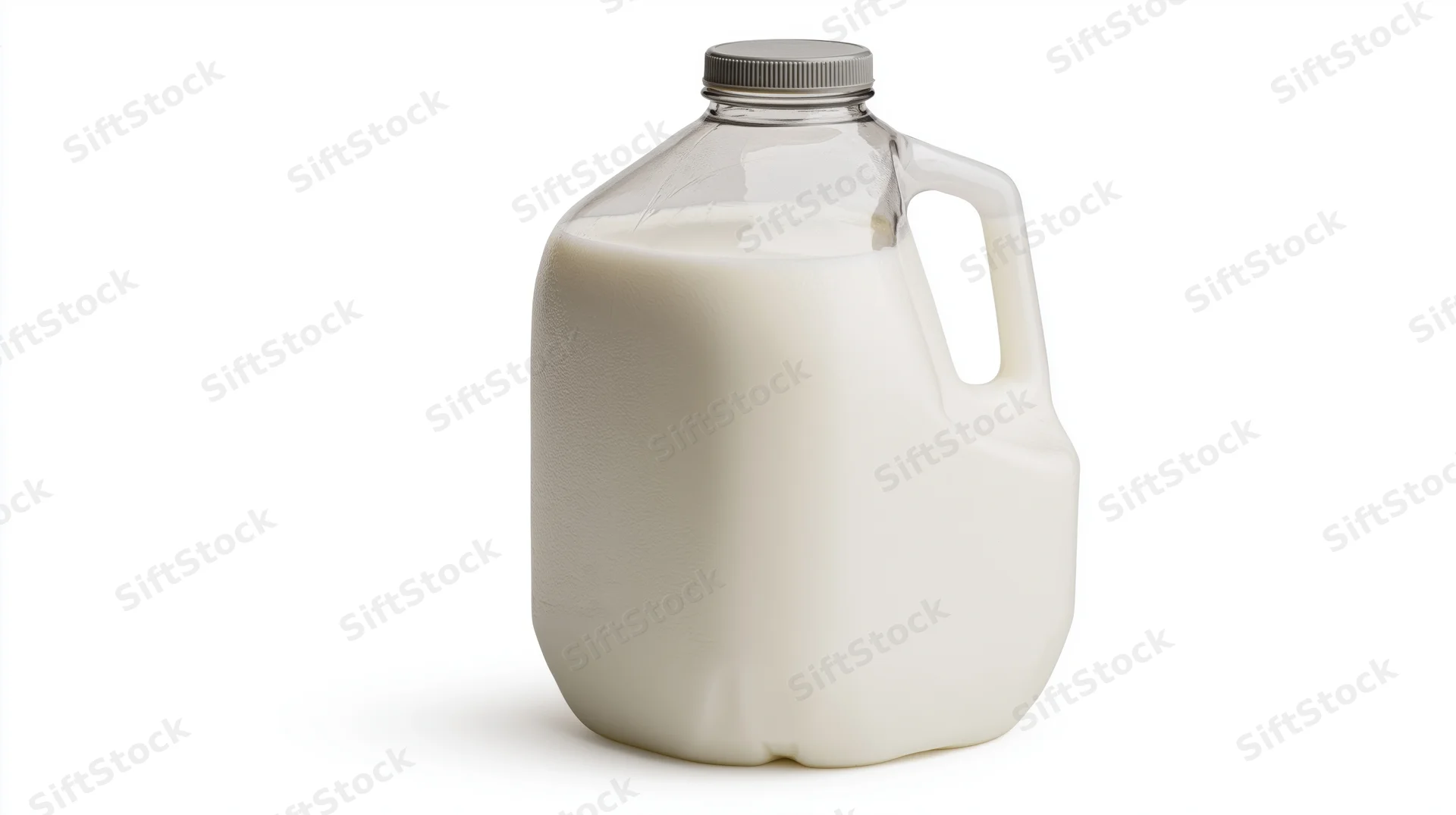 Full one-gallon clear plastic milk jug with grey screw cap on white background