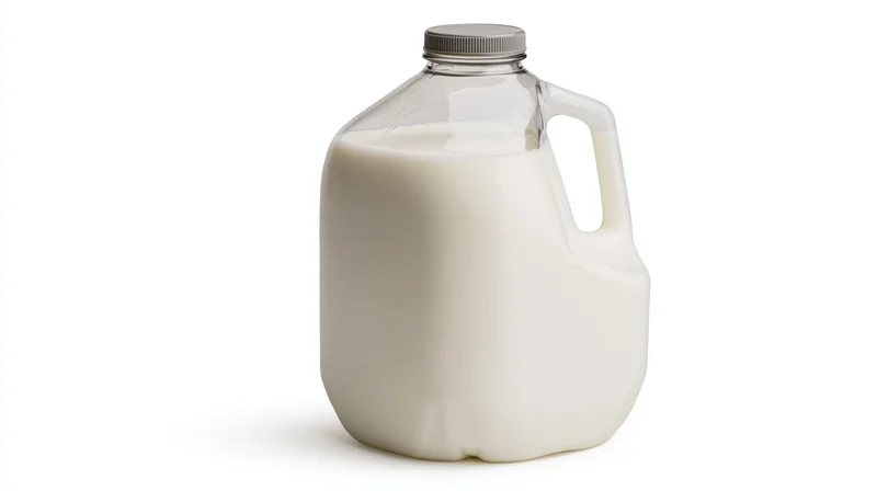 Full one-gallon clear plastic milk jug with grey screw cap on white background