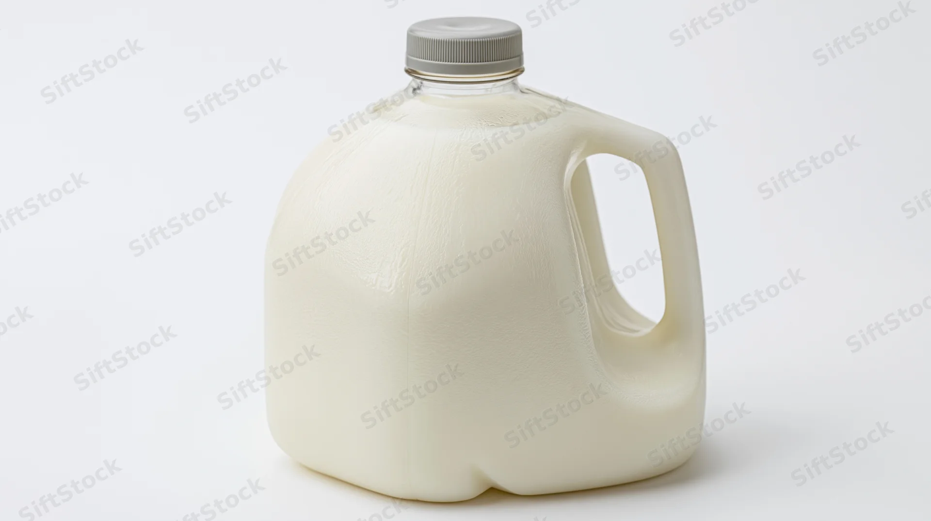 Full one-gallon clear plastic milk jug with grey screw cap on white background