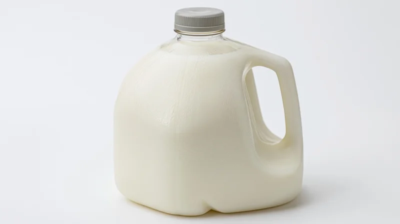 Full one-gallon clear plastic milk jug with grey screw cap on white background
