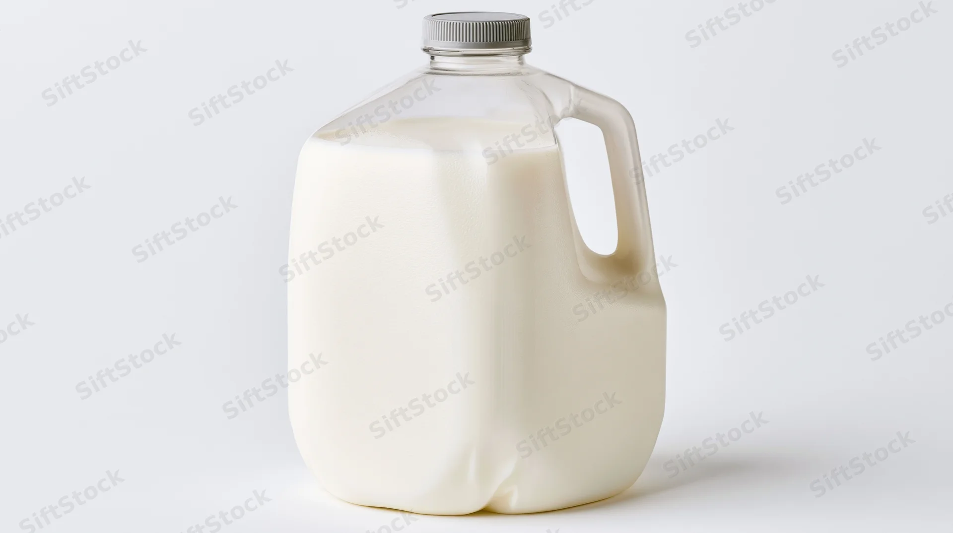 Full one-gallon clear plastic milk jug with grey screw cap on white background