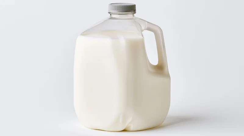Full one-gallon clear plastic milk jug with grey screw cap on white background