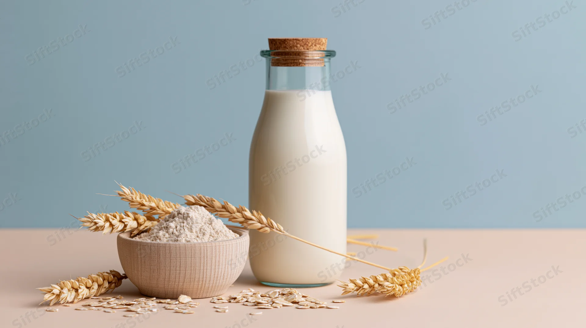 Glass bottle of oat milk beside a wooden bowl of oat flour and wheat ears on a light surface