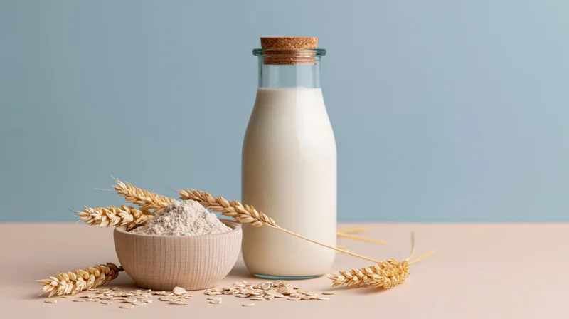 Glass bottle of oat milk beside a wooden bowl of oat flour and wheat ears on a light surface