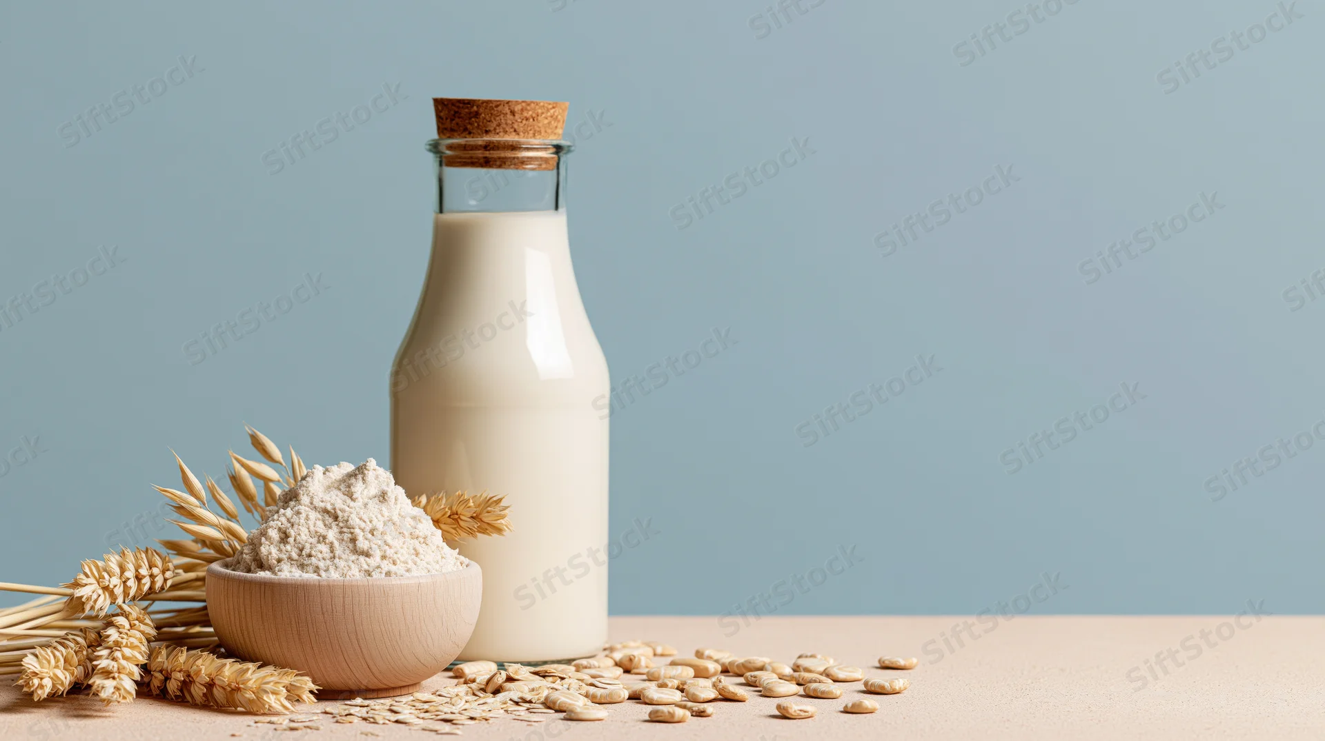 Glass bottle of milk and wooden bowl of oat flour with wheat stalks and scattered oats on a table
