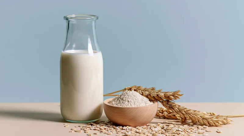 Glass bottle of milk beside wooden bowl of oats and wheat stalks on a light surface
