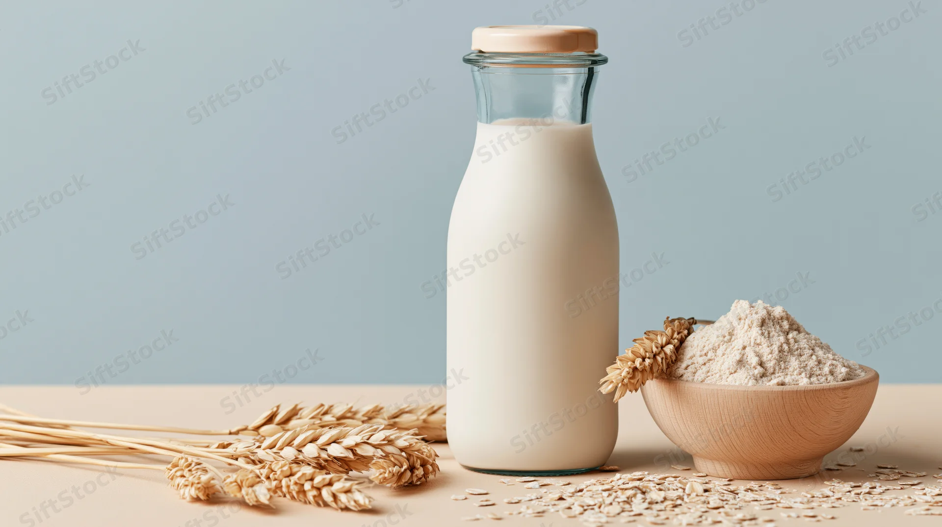 Glass bottle of oat milk beside a wooden bowl of oat flour and dried oat stalks on a beige surface