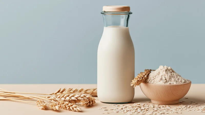 Glass bottle of oat milk beside a wooden bowl of oat flour and dried oat stalks on a beige surface