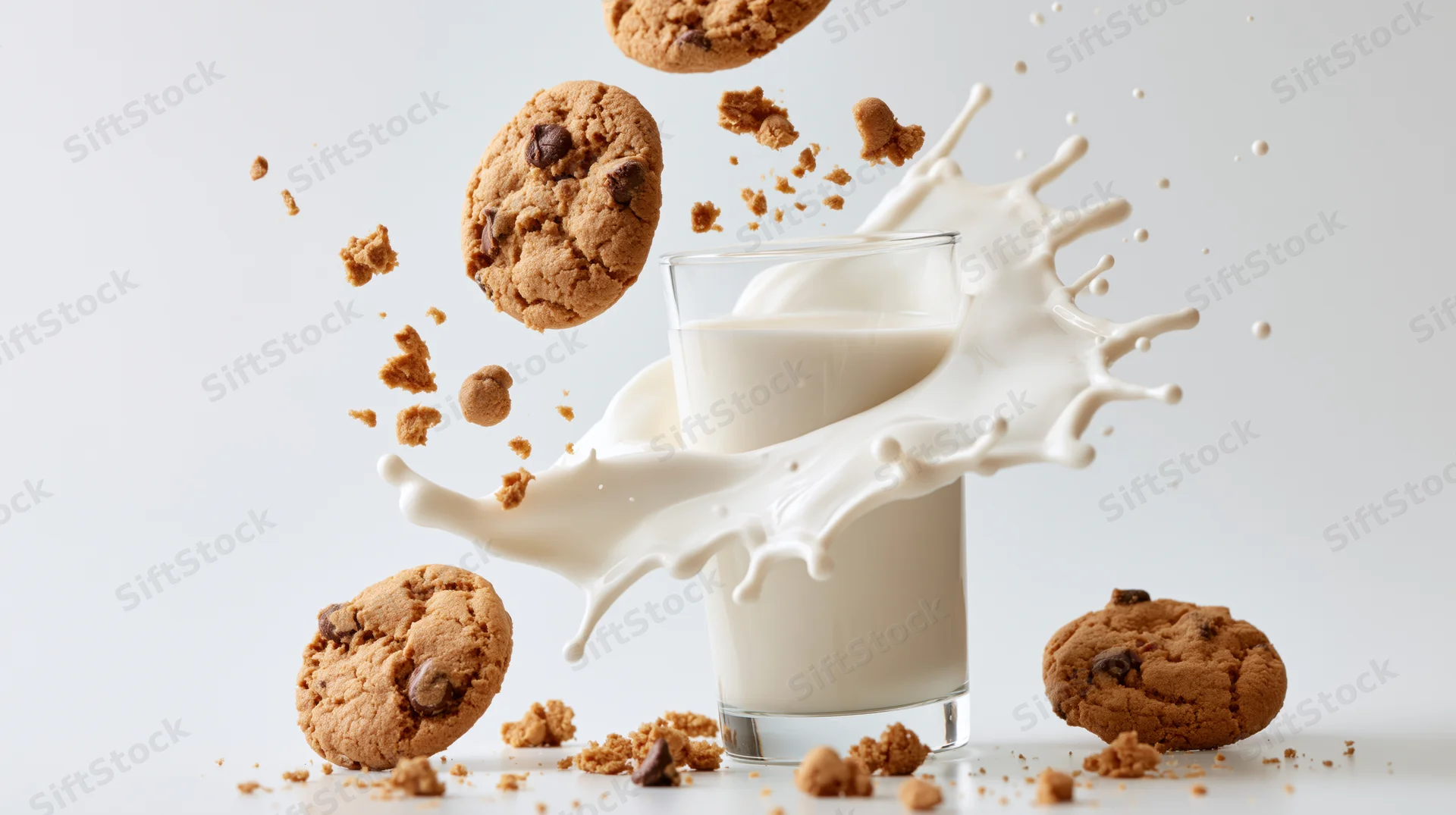 Chocolate chip cookies falling into a glass of milk with a dynamic splash in a studio setting