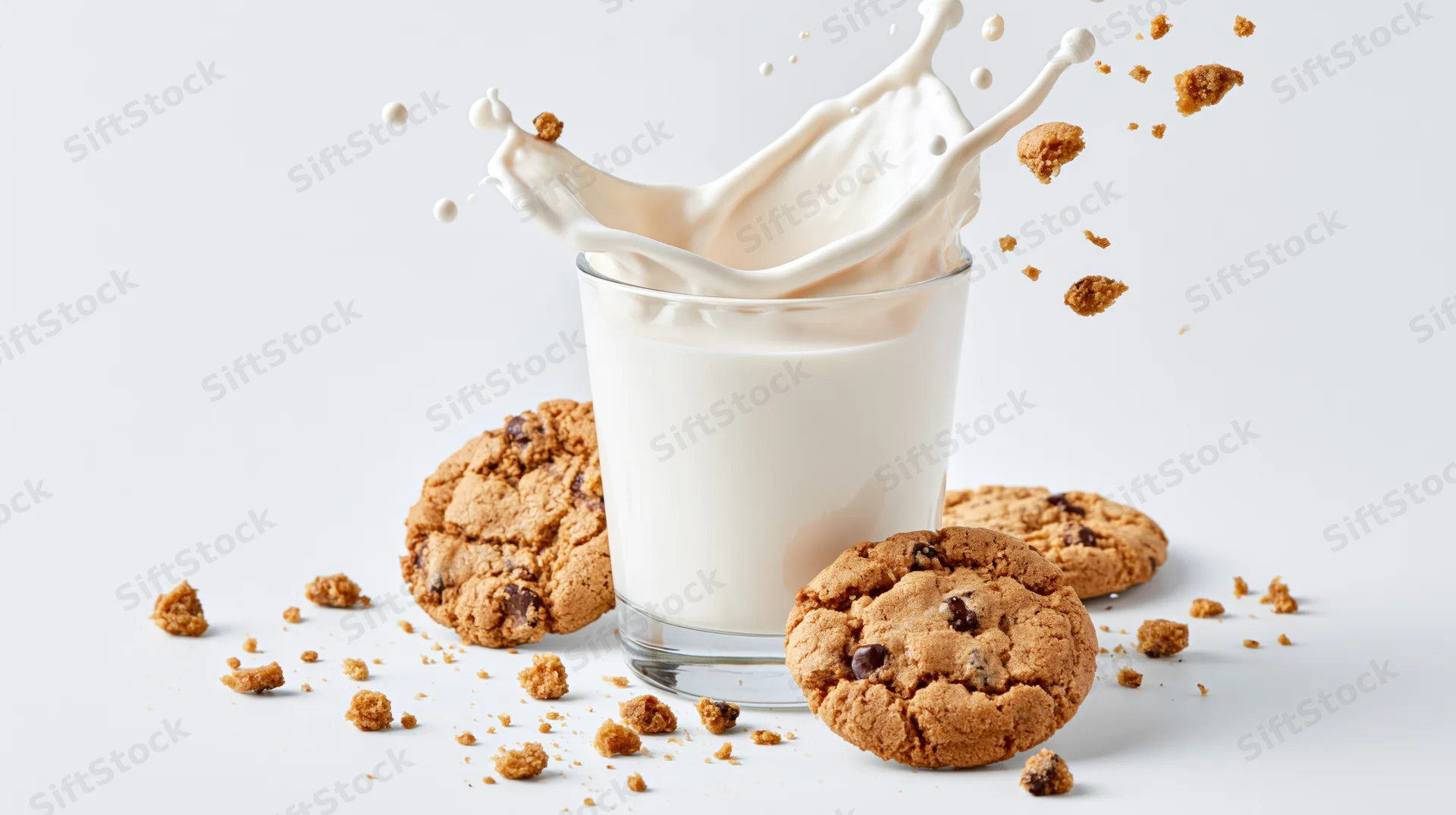 Glass of milk with dynamic splash and chocolate chip cookies on white surface