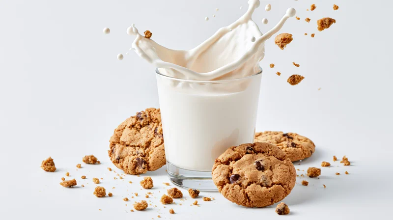 Glass of milk with dynamic splash and chocolate chip cookies on white surface