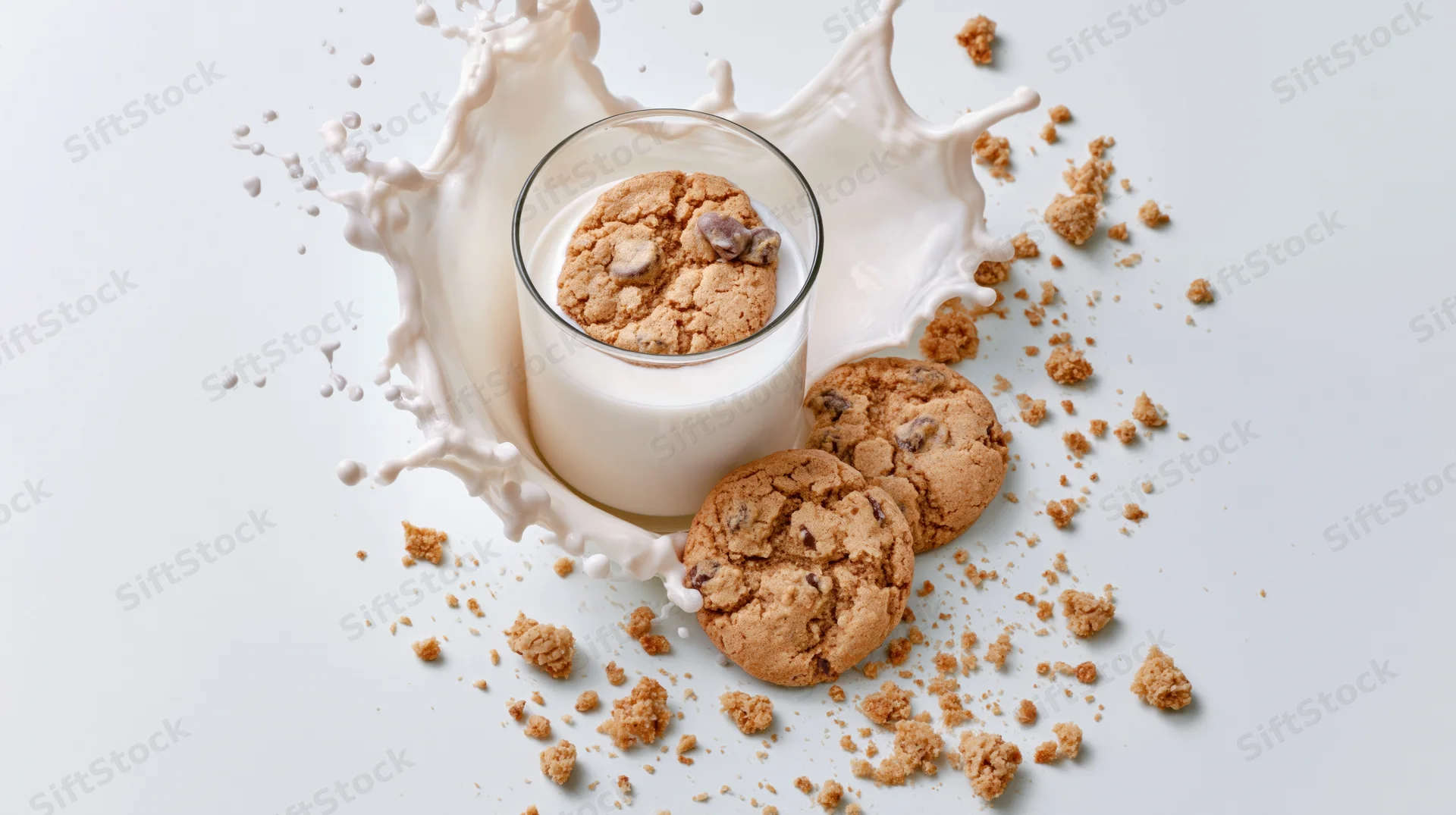 Glass of milk with chocolate chip cookie and dynamic splash on white background