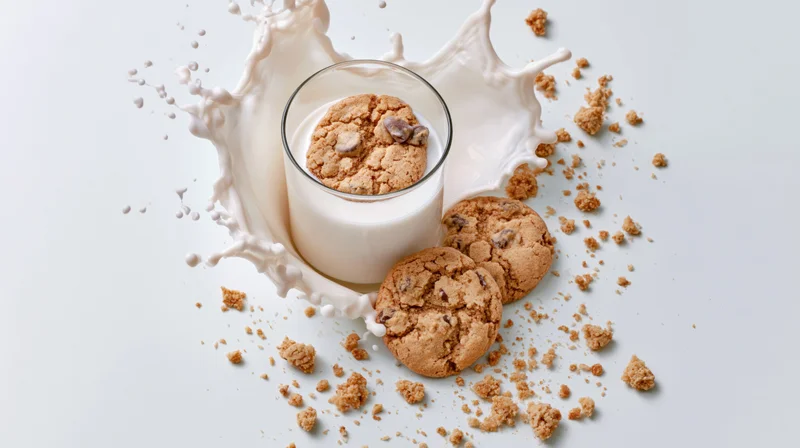 Glass of milk with chocolate chip cookie and dynamic splash on white background