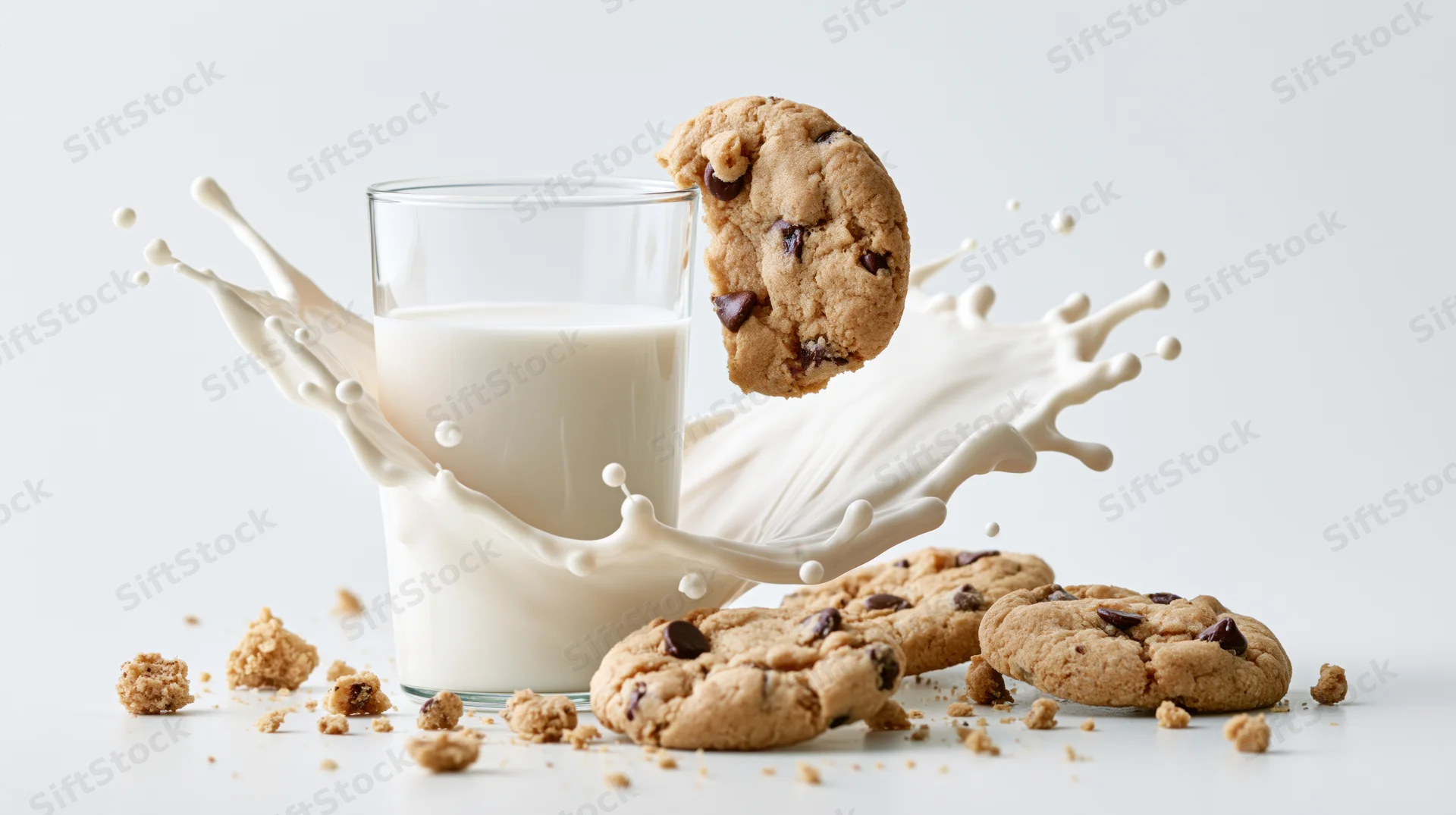 Chocolate chip cookie splashing into a glass of milk on a white surface
