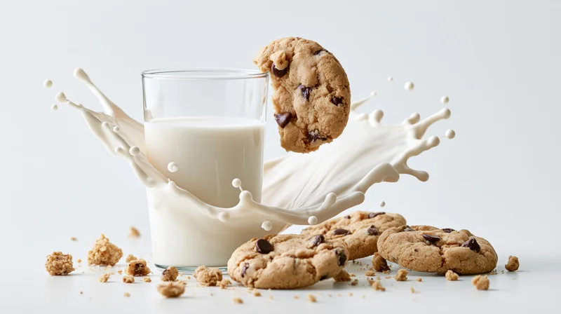Chocolate chip cookie splashing into a glass of milk on a white surface
