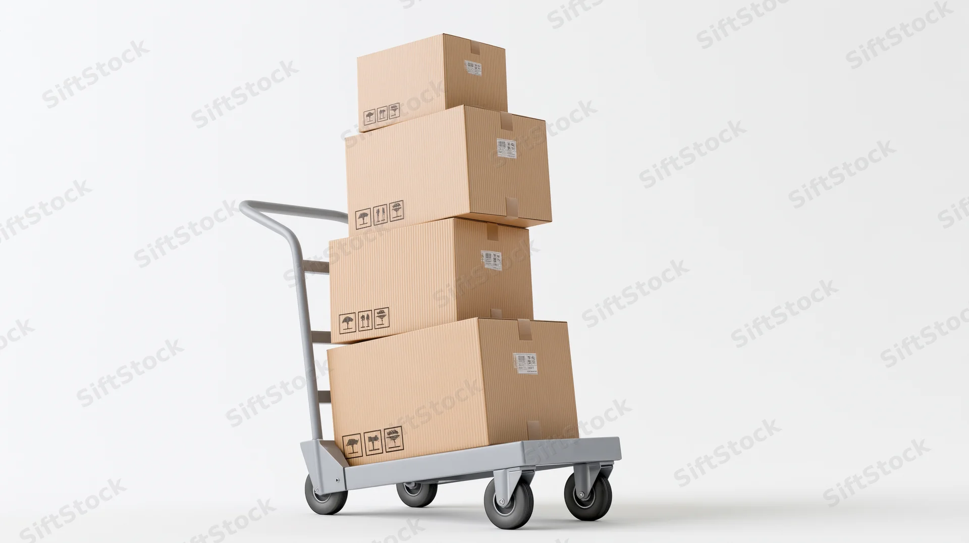Gray metal hand truck loaded with stack of cardboard boxes on white background