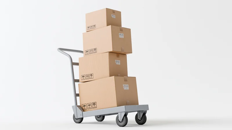 Gray metal hand truck loaded with stack of cardboard boxes on white background