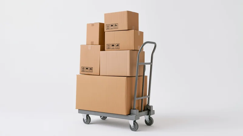 Gray metal hand truck loaded with stacked cardboard boxes on white background