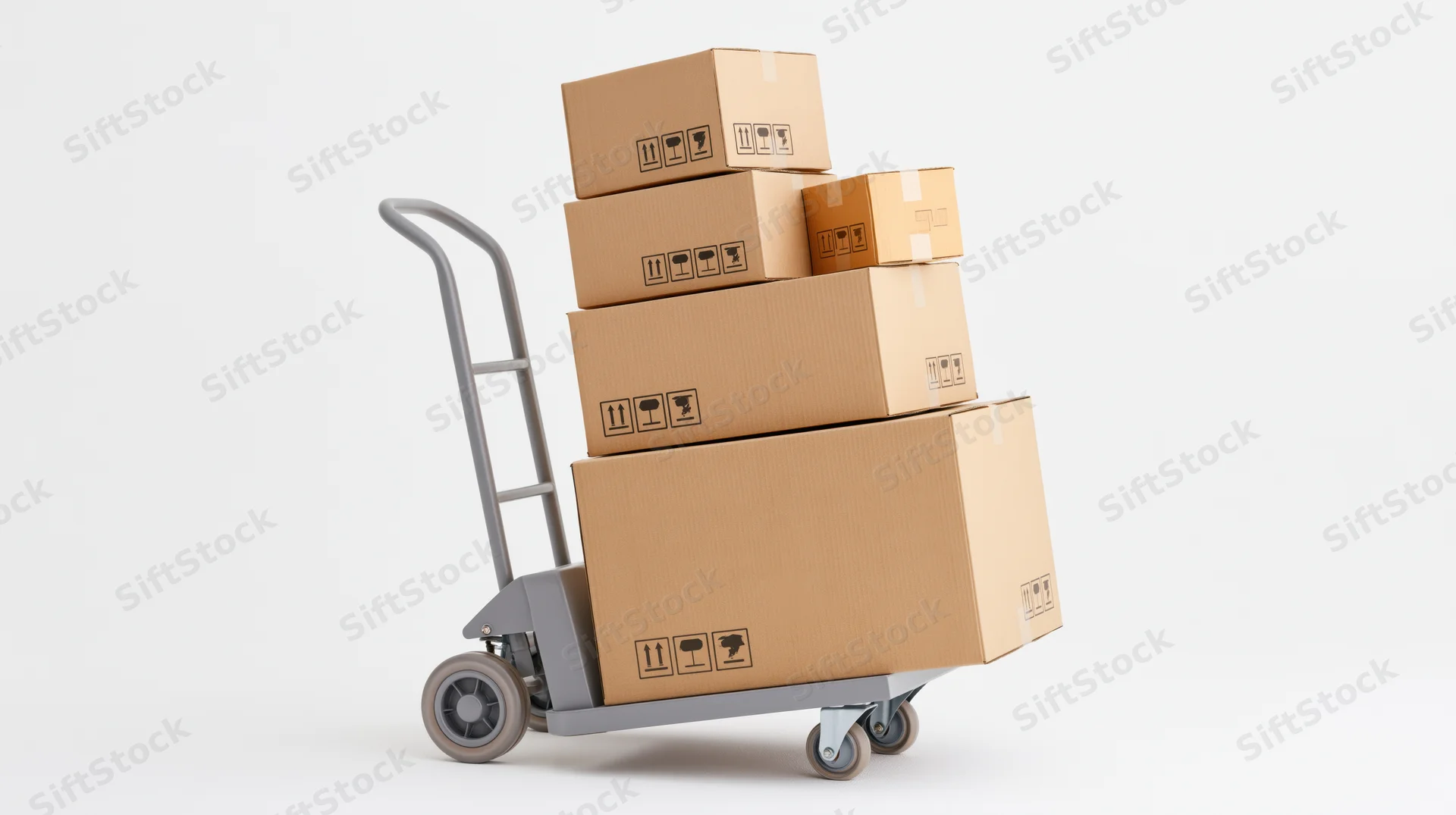 Gray metal hand truck loaded with stacked cardboard boxes on white background