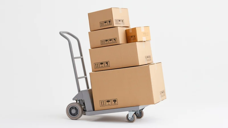 Gray metal hand truck loaded with stacked cardboard boxes on white background