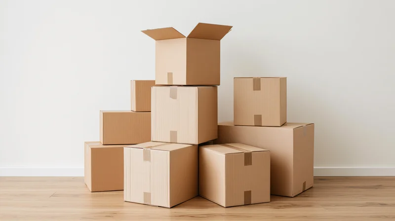 Cardboard boxes stacked and arranged in a minimalist interior with wood flooring and white walls