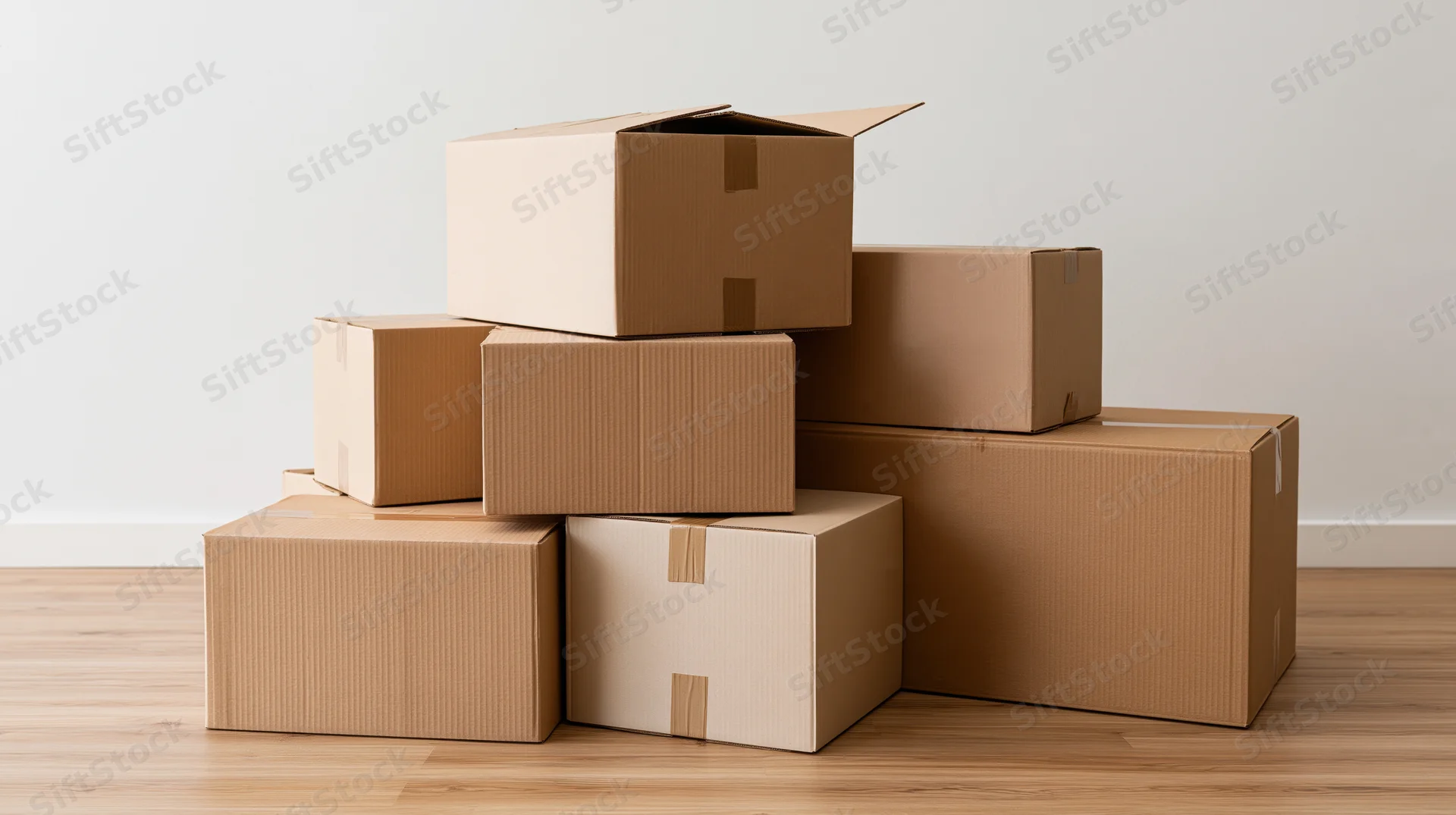Stacked cardboard moving boxes arranged on a wooden floor against a white wall