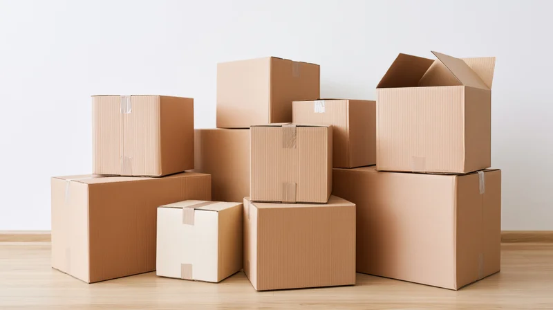 Cardboard boxes stacked and arranged in a pile on a wooden floor against a white wall