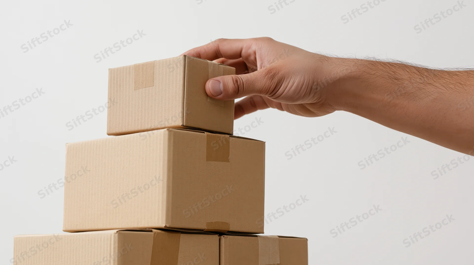 Hand placing small cardboard box on top of stacked pyramid of packages against white background